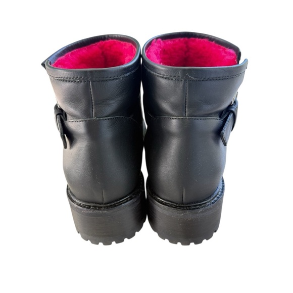 FENDI Black Leather Moto Boots w Fuchsia Shearling Trim - Picture 2 of 4